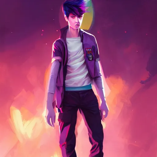 Image similar to colorful and festive captivating teenager boy with straight purple hair, purple eyes with red eye markers, slim body, wearing japanese combat clothes. rich vivid colors, ambient lighting, dynamic lighting, 4 k, atmospheric lighting, painted, intricate, highly detailed by charlie bowater