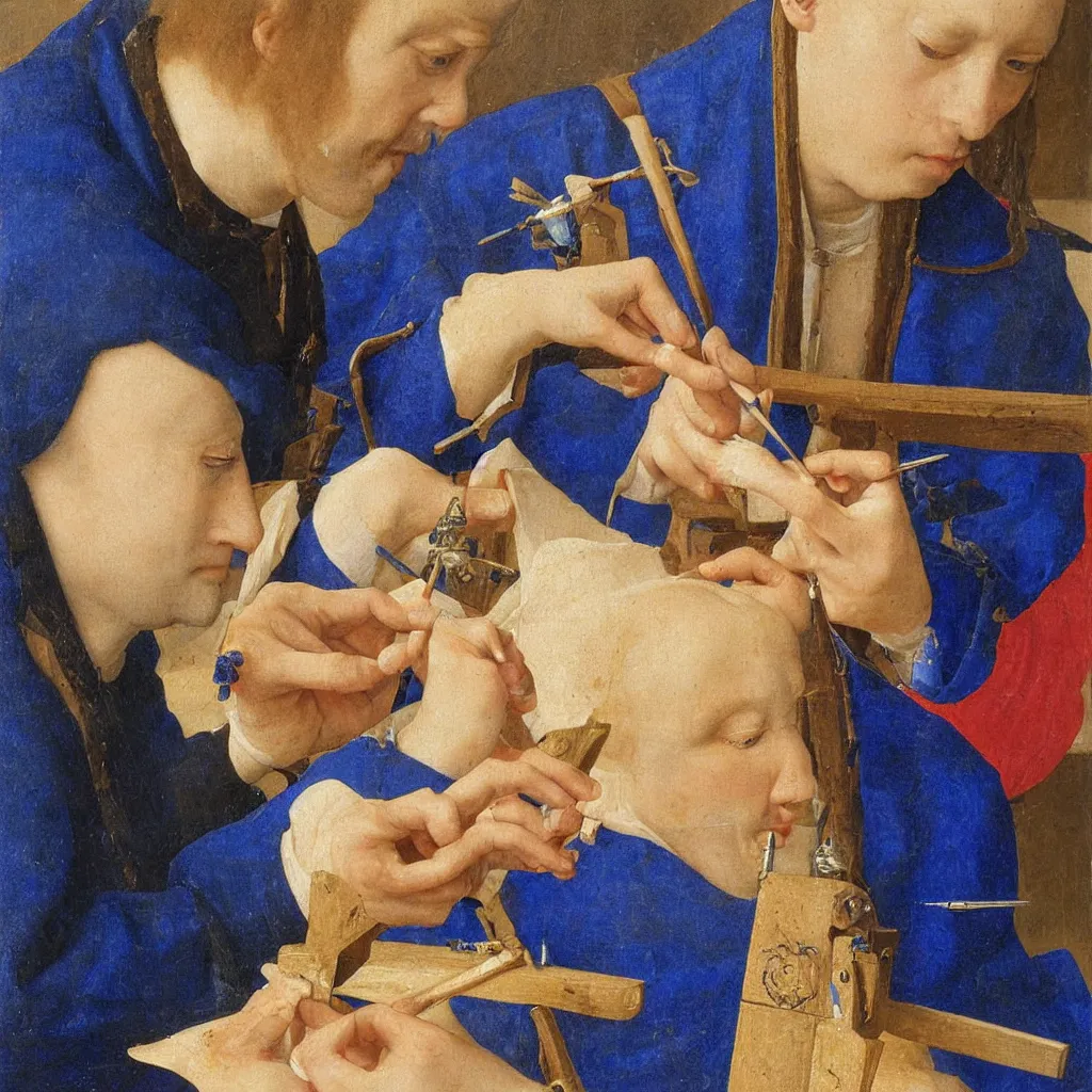 Image similar to close up of the artist face painting a miniature, lapis - lazuli. painting by jan van eyck
