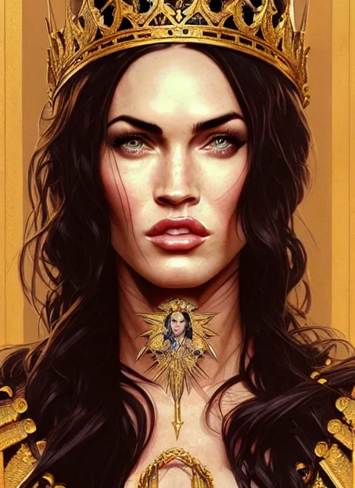 Image similar to portrait of megan fox as a queen, throne, jewelry, greek, black, intricate, headshot, highly detailed, digital painting, artstation, concept art, sharp focus, cinematic lighting, illustration, art by artgerm and greg rutkowski, alphonse mucha, cgsociety