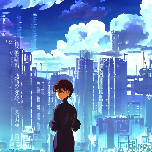 Image similar to cyberpunk laputa, studio ghibli, azure sky, anime background