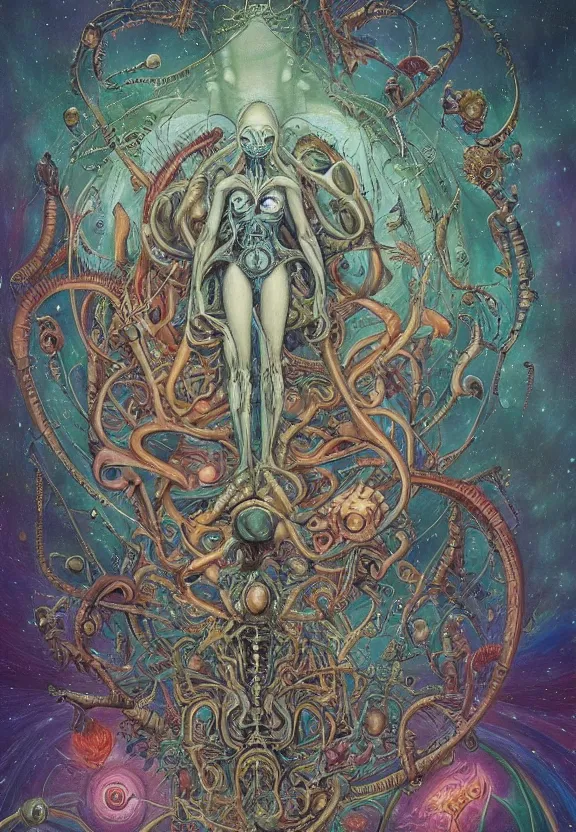 Image similar to simplicity, elegant, colorful muscular sci - fi eldritch, flowers, astronauts, radiating, mandala, psychedelic, outer space, shadows, by h. r. giger and esao andrews and maria sibylla merian eugene delacroix, gustave dore, thomas moran, pop art, giger's biomechanical xenomorph, art nouveau