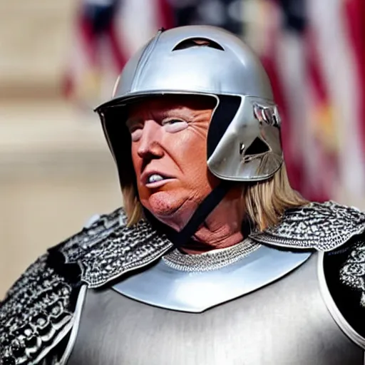 Prompt: donald trump as a knight, shinning armor, open visor helmet