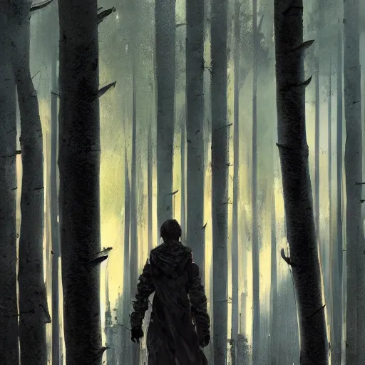 Image similar to a tall figure standing in the aspen forest, dramatic lighting, illustration by Greg rutkowski, yoji shinkawa, 4k, digital art, concept art, trending on artstation