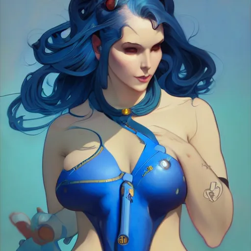 Image similar to beautiful girl with blue hair wearing a bikini, symmetrical face, character concept, character concept art, by Peter Mohrbacher and Alphonse Mucha, overwatch, weapon, detailed, style, 8k, trending on artstation, unreal