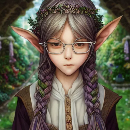 Prompt: happy elven flower seller in the city, yyaysyfq, thin silver glasses, intricate braided hair, plump body, manga panel by kosuke kurose, soft lighting, highly detailed face, cozy atmosphere, sharp focus, artstation, secret of mana, sophie anderson, arnold armitage, loish