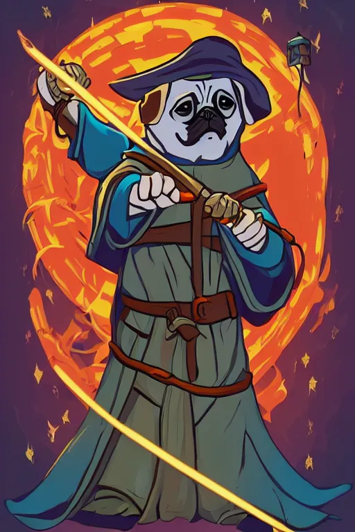 Image similar to Pug that is a wizard casting a spell , wizard, medieval, sticker, colorful, casting epic spell, magic the gathering artwork, D&D, fantasy, artstation, heroic pose, illustration, highly detailed, simple, smooth and clean vector curves, no jagged lines, vector art, smooth