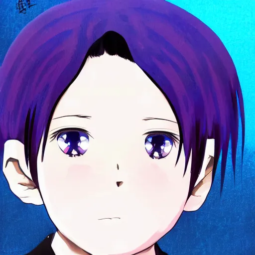 Image similar to small boy with black hair and blue purple eye, school uniform, anime style, hyper detailed, illustration, digital painting