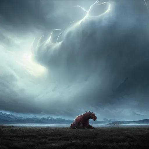 Image similar to giant monster by grzegorz rutkowski, atmospheric haze, stormy, tundra, princess in foreground, large scale