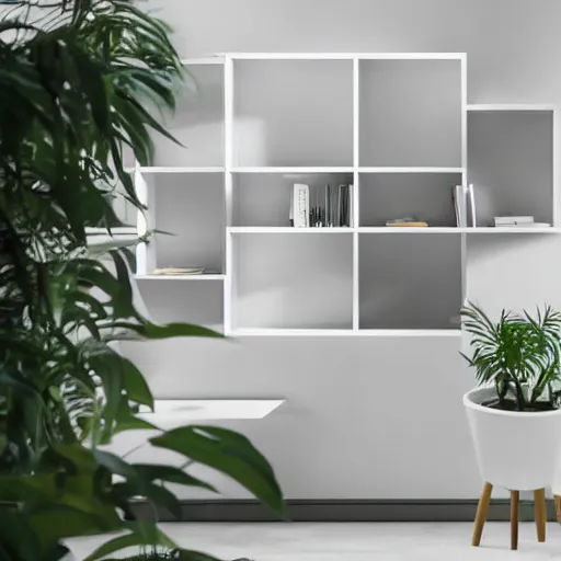 Image similar to white zen clean modern minimalist bookshelf with cute plants by peter tarka in an ivory room well contoured smooth fair walls, up close shot, sharp focus, zen, clean, modern minimalist, zaha hadid octane highly render, 4 k, ultra hd,