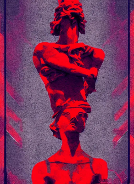 Image similar to black background with subtle red and purple design elements, greco roman statue, grey, nekro, abstract art, thin lines, dark, glitch art, neo vaporwave, gritty, layout frame, trending on artstation