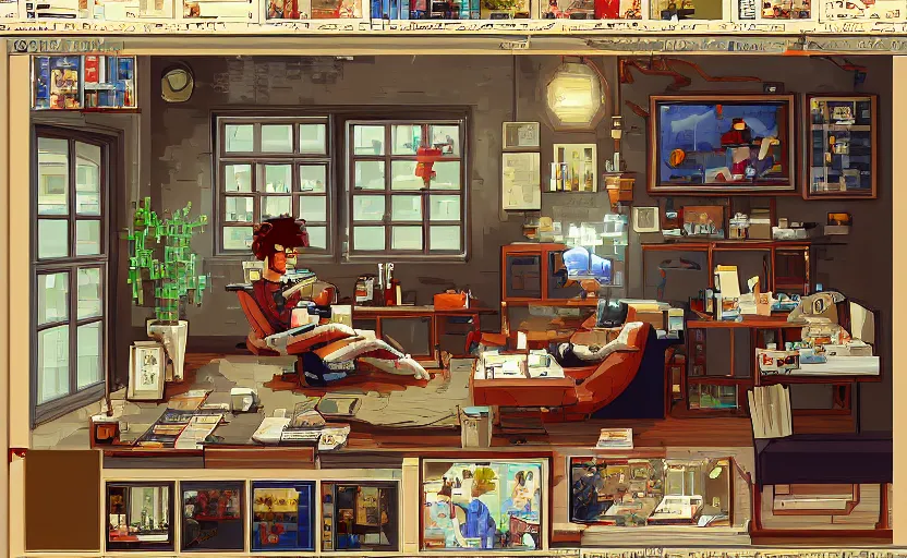 Image similar to Pulp-novel Character sitting and relaxing in front of their work desk in their cozy room as a peaceful rainy city scene is seen through the room's window. Smooth Highly detailed masterpiece pixel-art. in the style of Close Highly detailed masterpiece professional artistry Sega, Namco, Neogeo, Capcom artist's Pixel-art. Trending on artstation. Slice-of-life genre art. Balanced colors and lighting scheme by James Gurney and artgerm. In the style of a 'Music to chill/study' to youtube video.