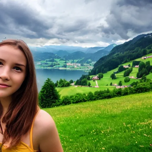 Image similar to a beautiful photograph of a girl with switzerland landscape in the background with trees, hdr, 8 k, high quality, sharp focus, artstation, highly detailed, award - winning, dramatic lighting, beautiful clouds, and nature