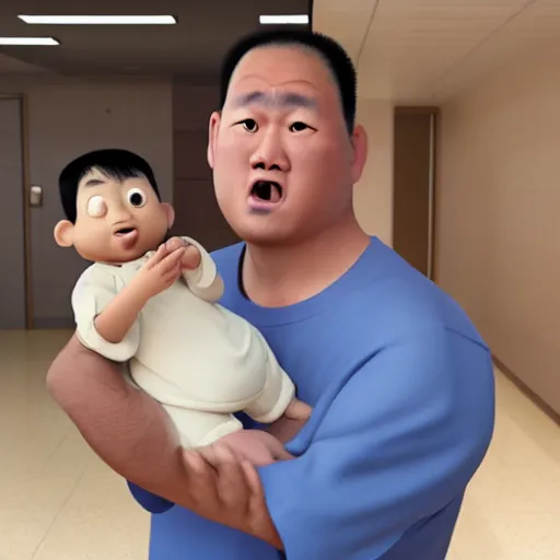 Prompt: shocked asian man cannot believe his eyes that he is holding a baby shaquille o ’ neal at hospital, award winning art, pixar, 3 d render, confusion, unreal engine