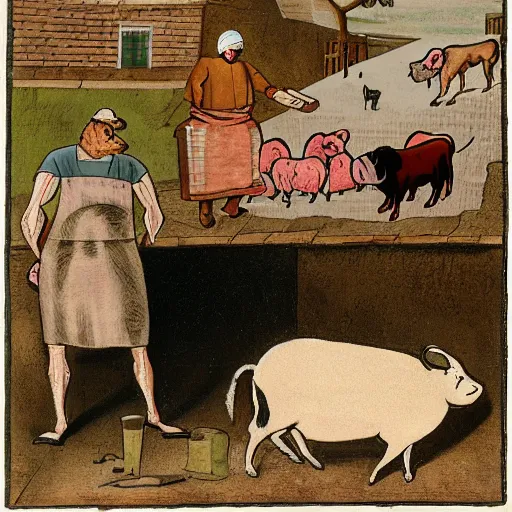 Image similar to butcher giving food to a dog, while being watched by a pig, a sheep, a chicken and a cow