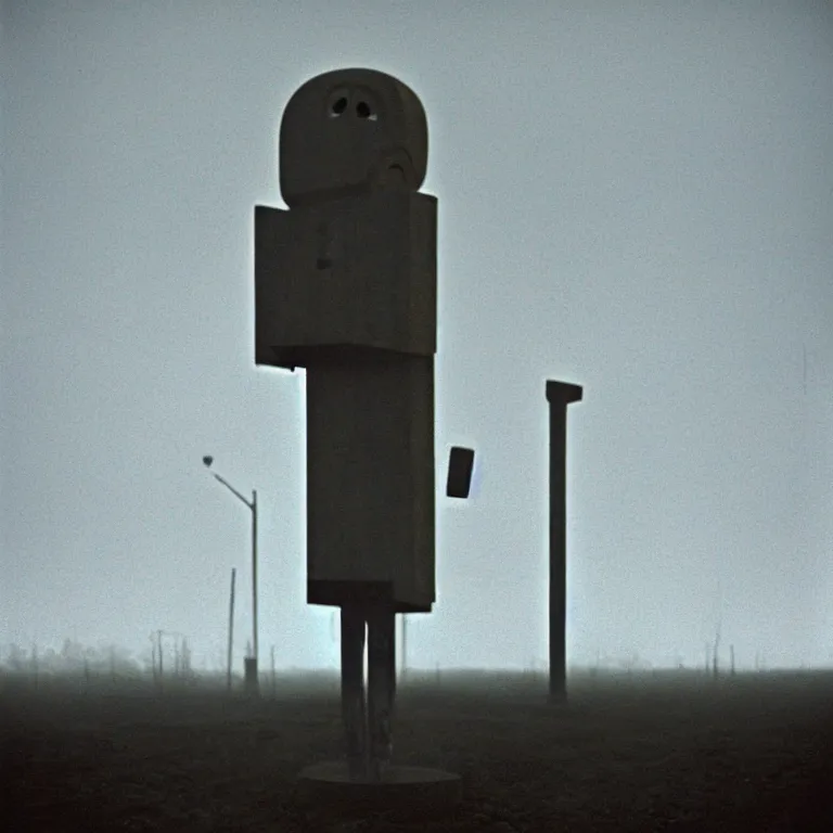 Image similar to a sole lanky liminal observer droid by dennis mejillones, in a brutalist yet rural landscape by simon stalenhag, 3 5 mm film photography, dawn, eerie fog