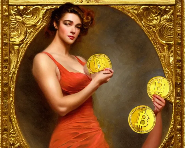 Prompt: attractive woman holding a golden bitcoin, commercial by annie liebovitz, gaston bussiere, craig mullins, j. c. leyendecker