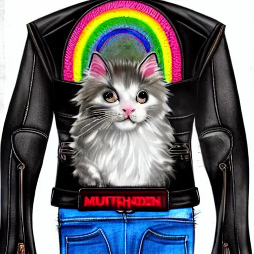 Image similar to wide angle full body, jacket wearing fluffy cute rainbow kitten wearing a black leather motorcycle jacket, cinematic concept art