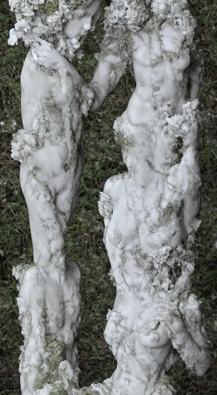 Image similar to intrincate carrara white marble mossy statue of Oblivium Blossom Goddess made by Kris Kuksi and HR Giger and Lois Greenfield