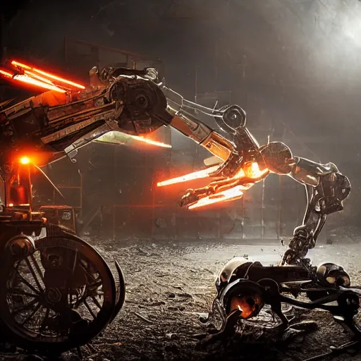 Image similar to wheelbarrow mecha, dark messy smoke - filled cluttered workshop, dark, dramatic lighting, orange tint, sparks, cinematic, highly detailed, sci - fi, futuristic, movie still