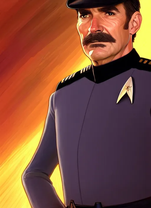 Image similar to star trek officer daniel plainview, natural lighting, path traced, highly detailed, high quality, digital painting, by don bluth and ross tran and studio ghibli and alphonse mucha, artgerm