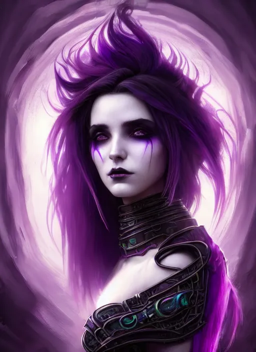 Image similar to a beautiful cinematic female Necromancer Sorceress, galatic shamen with Quantum energy fantasy, fantasy magic, short purple black fade hair, undercut hairstyle, dark light night, intricate, elegant, sharp focus, illustration, highly detailed, digital painting, concept art, matte, art by WLOP and Artgerm and Greg Rutkowski and Alphonse Mucha, masterpiece