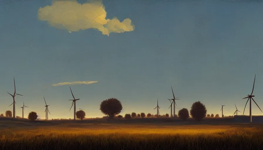 Image similar to big field of wind mills, early morning sun in the sky, one tree, simon stalenhag
