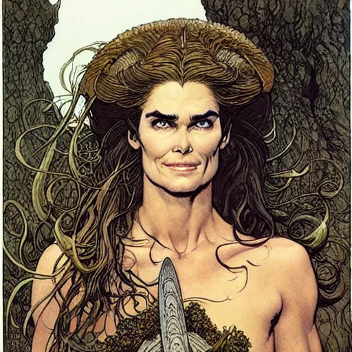 Prompt: a realistic, very beautiful and atmospheric portrait of brooke shields as a druidic warrior wizard looking at the camera with an intelligent gaze by rebecca guay, michael kaluta, charles vess and jean moebius giraud