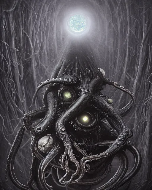 Prompt: gruesome creature with long tentacles and many eyes, endless eyes!, glowing eyes!, too many eyes!, midnight fog - mist!, dark oil painting colors, realism, cinematic lighting, various refining methods, micro macro autofocus, ultra definition, award winning photo, photograph by ghostwave - gammell - giger - shadowlord