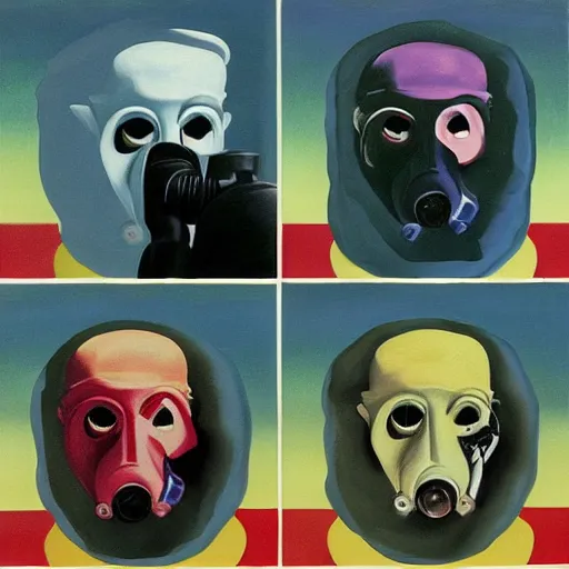 Prompt: painting of hollywood babylon, twin peaks, blue velvet, mulholland drive, gas mask, by paula rego, by magritte