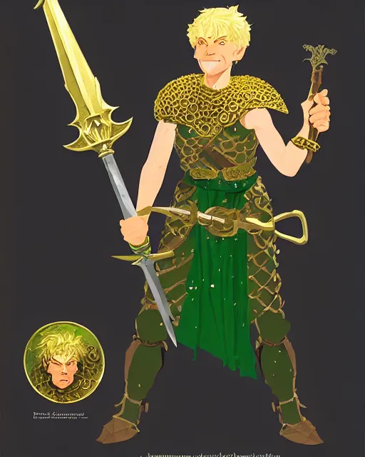 Image similar to beverly toegold the fifth, epic level dnd male halfling verdant paladin of the ancients and green teen, wielding a golden holy sword, wearing magical gleaming chainmail armor. full character concept art, realistic, high detail digital gouache painting by angus mcbride and michael whelan and jeffrey jones