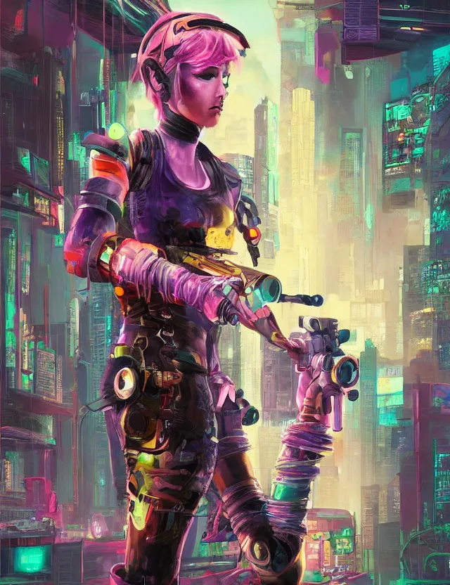 Image similar to cyberpunk huntress. this pastel painting by the award - winning children's book author has interesting color contrasts, plenty of details and impeccable lighting.