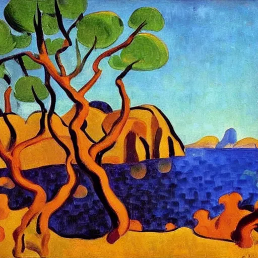 Image similar to painting of a lush natural scene on an alien planet by andre derain. beautiful landscape. weird vegetation. cliffs and water.