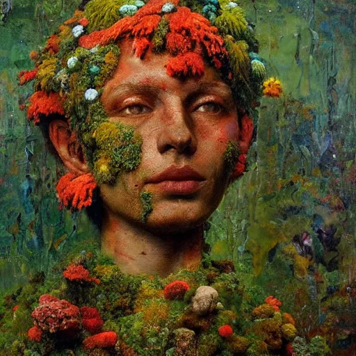 Prompt: a sculpture portrait made of moss and coral reefs and crystals and plants, painting part by wojciech siudmak, part by ilya repin, part by max ernst, part by norman rockwell, artstation