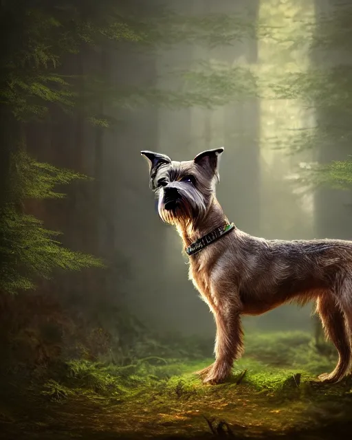 Prompt: magical border terrier in the forest , realistic cinematic,volumetric lighting,centered, symmetrical,sharp focus,digital painting, mystical art, smooth ,trending on Artstation ,4k