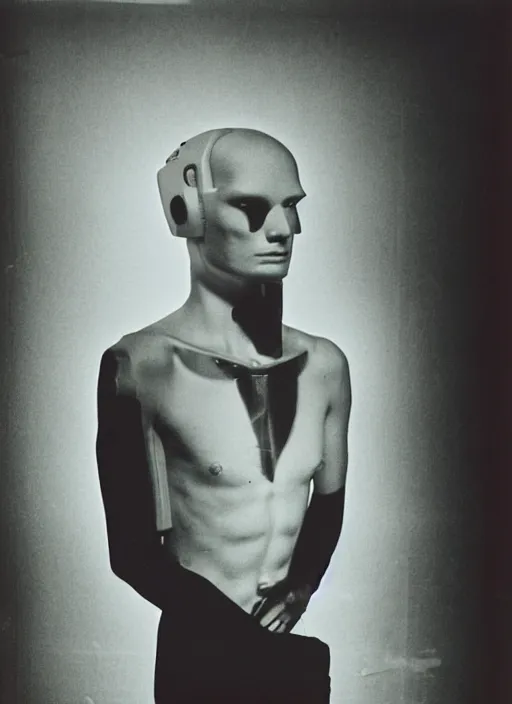Image similar to polaroid fashion photography, flash photography, photo taken in a back storage room where you can see empty shelves in the background, 3 / 4 view portrait head chest and arms portrait of an android with an adult male human looking face, the android is sitting in a thinker's pose and is pondering the meaning of its existence, the thinker by auguste rodin