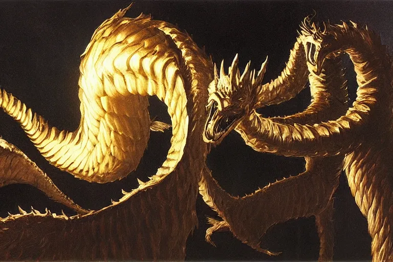 Prompt: caravaggio portrait of king ghidorah, dramatic lighting, chiascuro,