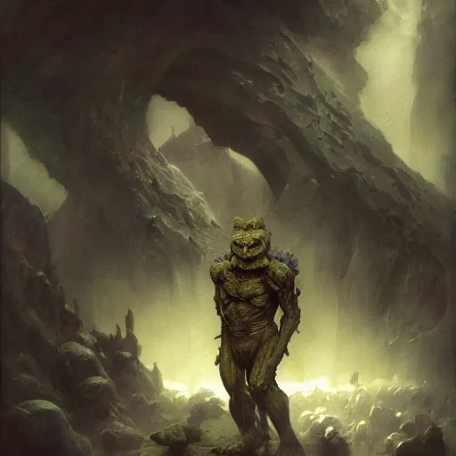 Prompt: beautiful realistic fantasy painting of a goblin with metal hurlant, by pascal blanche and Frazetta and Beksinski, volumetric lighting, trending on art station, polarizer filter