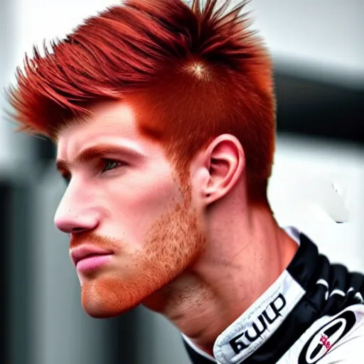 Image similar to a realistic detailed photo of a handsome guy who is an f 1 driver, with red hair