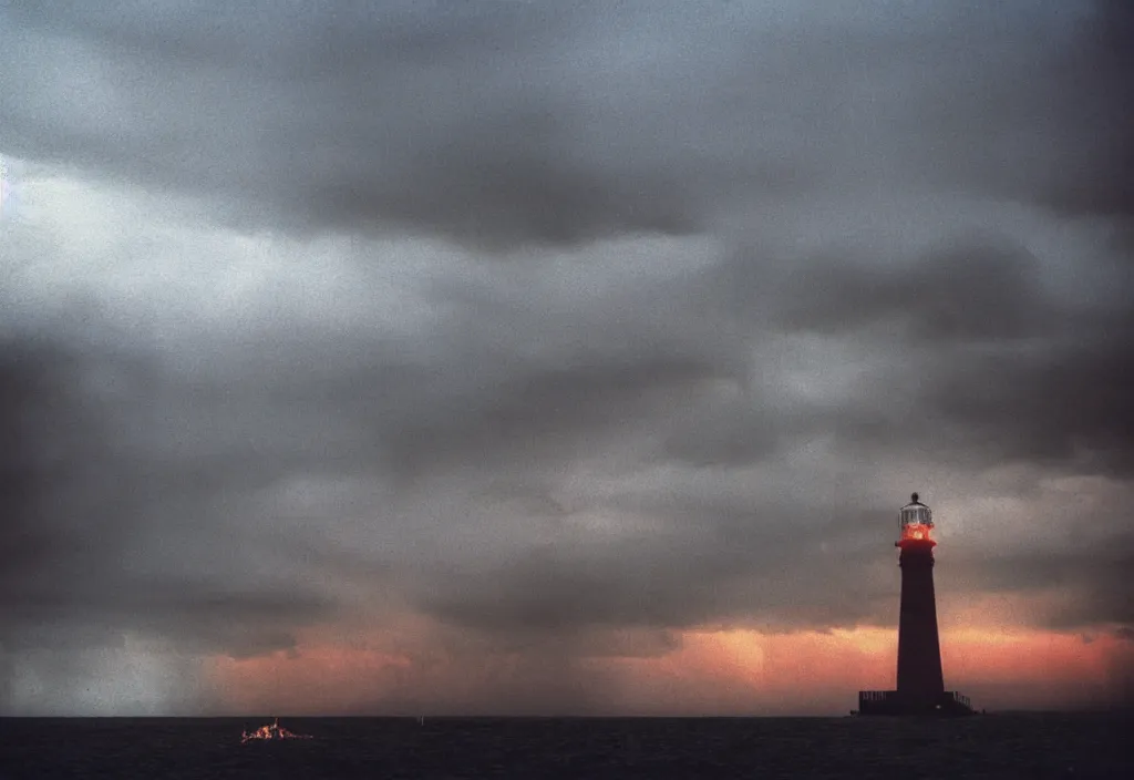 Image similar to lomo photo of burning lighthouse in the middle of a stormy sea, cinestill, bokeh, out of focus, night, dramatic lighting, streetlight