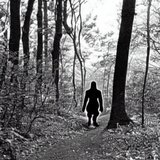 Image similar to old photo of an alien walking through the woods