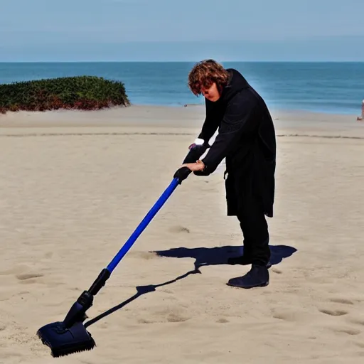 Image similar to anakin skywalker vacuuming the beach to remove sand