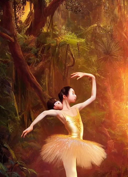 Image similar to stunningly beautiful, asian prima ballerina in jungle, golden hour, smooth, focus, highly detailed, hyper realistic, dramatic lighting, elegant, intricate, concept art, art by wlop, mars ravelo, greg rutowski