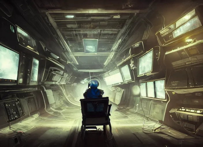 Prompt: a man sitting on a chair with things attached to his head, screens and monitors in front of him playing videos, ship interior, narrow hallway, scifi, dramatic lighting, concept art, surreal, by rutkowski