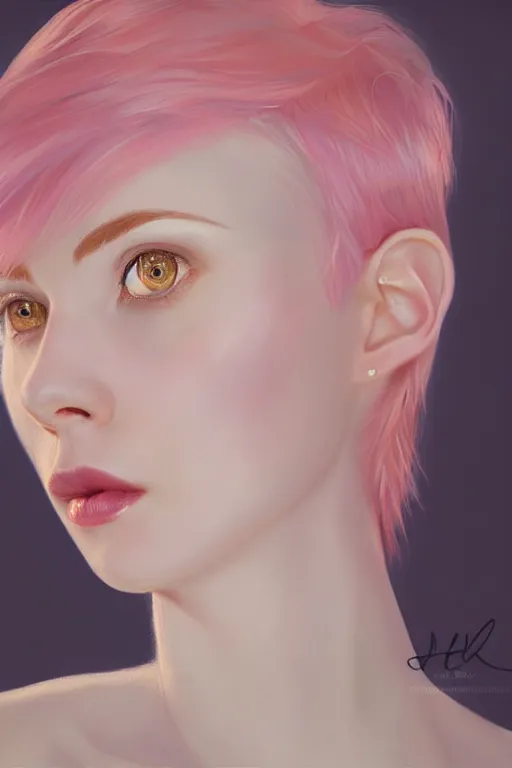 Image similar to Portrait of a beautiful pale skin Nordic female with short pink hair, elegant, photorealistic, highly detailed, artstation, smooth, sharp focus, gold ornaments, neon lighting, sci-fi, art by Klimt.