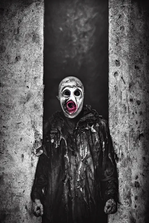 Image similar to the grotesque masked face of the watcher standing in a post apocalyptic wasteland, epic scene, dark, wet, dismal, grotesque mask, horror vibe, twilight, dark, dusk, stormy, black and white, atmospheric, moody lighting, grainy, gritty, epic