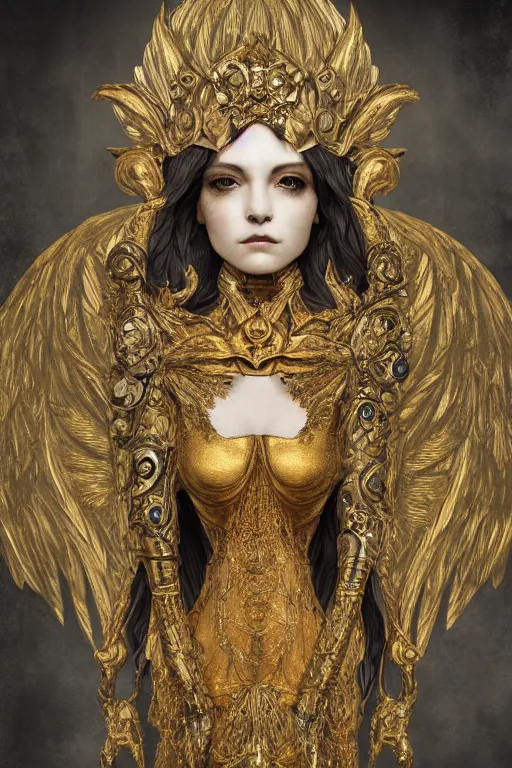 Image similar to concept art, angel woman, beautiful, frank frazetta, ornate, art nouveau, symmetrical, gold jewelry, high contrast, unbiased render, Emil melmoth, eerie, haunting, victorian, 8k, octane render, style of Gustav Klimt, head and shoulders