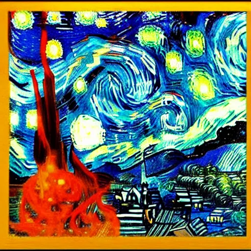 Image similar to tiki huts on beach in the style of starry night by Van Gogh