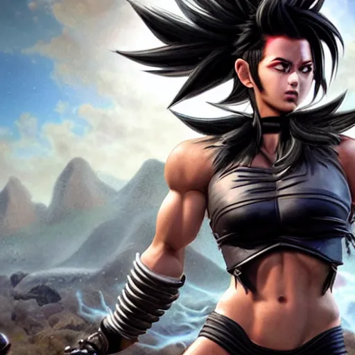 Image similar to warrior girl, muscular girl, wild spiky black saiyan hair, long spiky hair, electrified hair, wearing chrome silver armor and black spandex pants, ultra realistic, intricate details, highly detailed, subsurface scattering, photorealistic, octane render, 8 k, art by artgerm, greg rutkowski, magali villeneuve, alphonse mucha