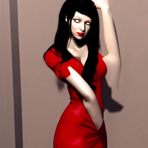 Prompt: woman, red short dress, black hair, realistic render, by milo manara, 3 d render, red high heels, face