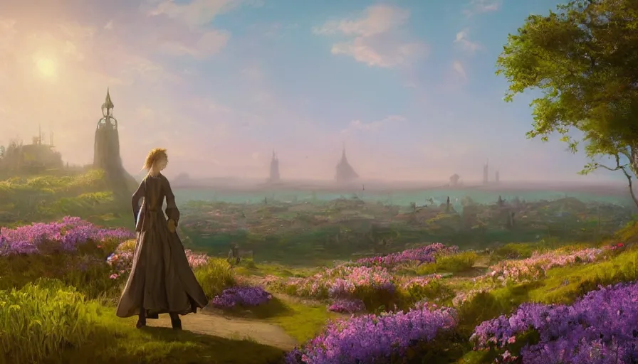 Image similar to over the shoulder landscape painting of violet evergarden standing on a distant colorful flower hill, behind it a distant old european city leiden from violet evergarden next to the reflecting ocean, ocean, sunshine, fantasy, intricate, elegant, highly detailed, digital painting, artstation, blender, unreal engine 5, octane render, smooth, sharp focus, illustration, by Anton Fadeev and Philipp A. Urlich and Andreas Rocha